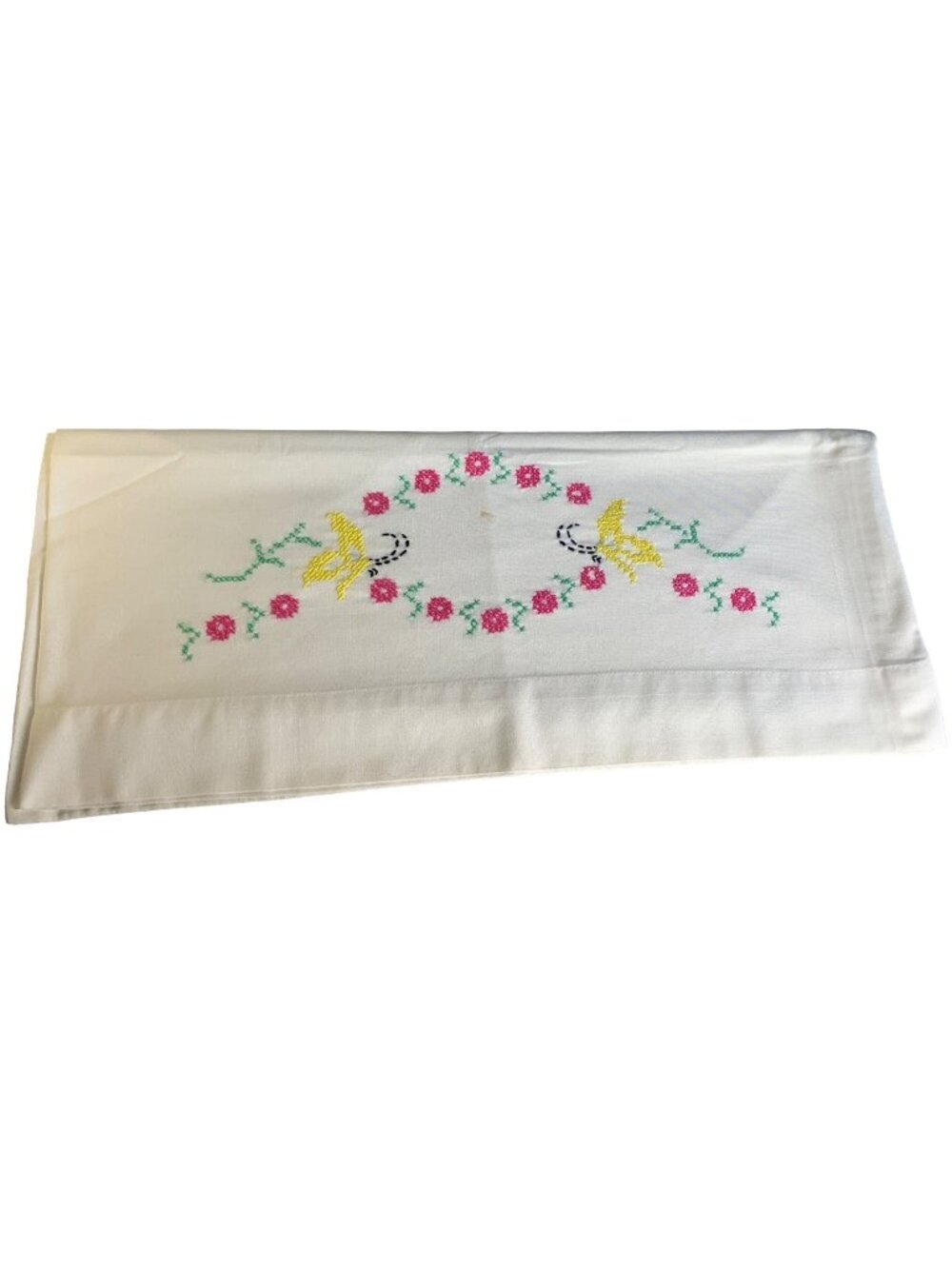 Hand Embroidered Pillowcase White Cotton Floral Butterfly Design Vtg